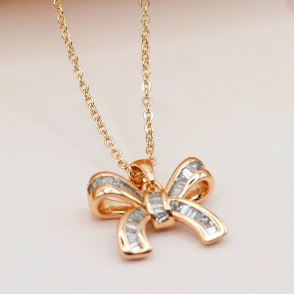 "Rose Gold Bow Pendant Necklace with Sparkling Crystal Accents , XPNL0163 - Picture 1 of 13